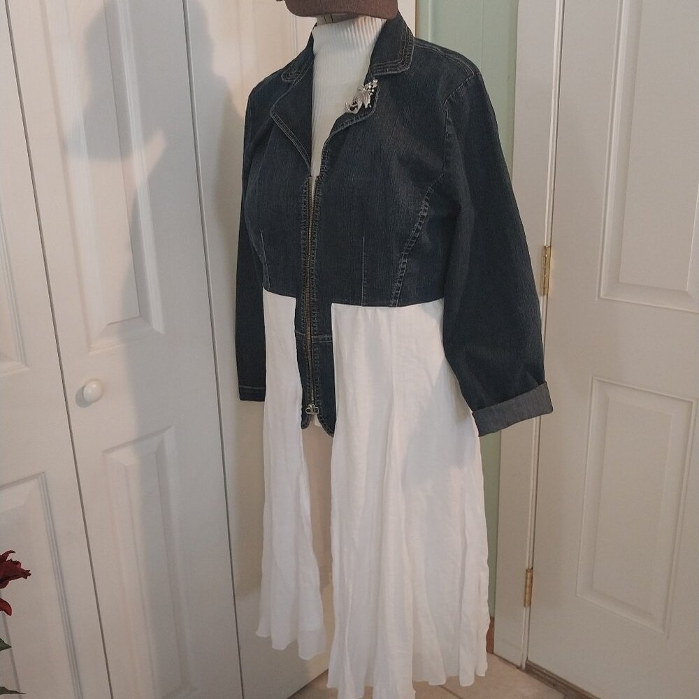 3286 Size Large Jean Tunic Jacket with White Bottom Accent and Lace Accent Back. - Picture 1 of 14